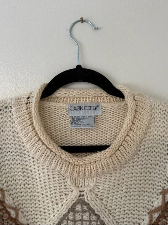 Vintage 90s Sz Lg Cottagecore Grandma Knit Chunky Neutral Sweater Patchwork Tan - Picture 10 of 16